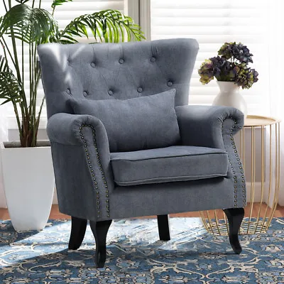 Grey Fabric Queen Anne Chairs Chesterfield Wing Back Tufted Accent Armchair Sofa • £179.95