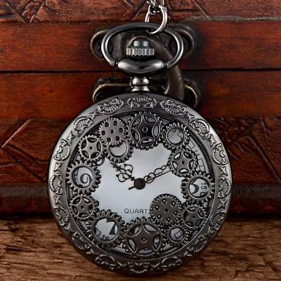 Antique Black Steampunk Gear Pocket Watch Quartz Necklace Chain Pendant Vintage • $4.98