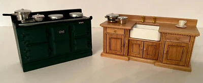 £10 • Buy 1:12 Dolls House Wooden Smallbone Sink Unit And Range Cooker Wiith A Set Of Pans
