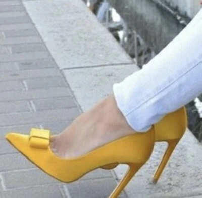 $75 • Buy NWT ZARA Women’s Mustard Yellow Satin Silk Bow Heels Pumps Sz 41 10 US
