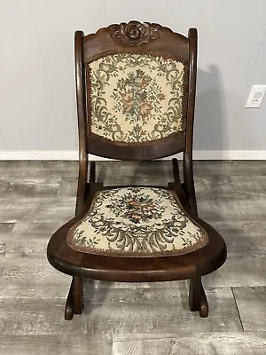 Vintage Folding Rocking Chair Tapestry Seat Carved Wood Victorian Style 29” • $175