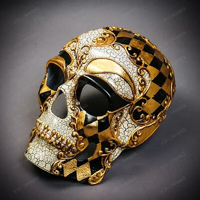 Venetian Crackle Skull Full Face Painted Black Gold Halloween Masquerade Mask • $34.99