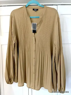 Premise Studio Woman Tunic Top Blouse 18W Camel Brown LS Accordian Pleated • $26.88