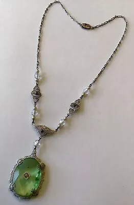 Vintage Green Glass Filigree Pendant Necklace C9 • $239