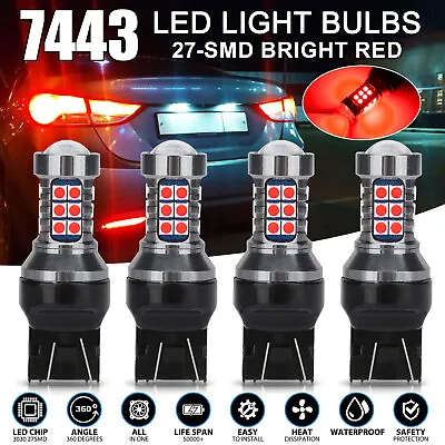 4X 7443 LED Strobe Flashing Safety Alert Brake Tail Light Stop Parking Bulbs Red • $11.48