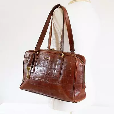 Vintage FOSSIL Ladies Tan Brown Leather Twin Zip Mock Croc Print Shoulder Bag • £45