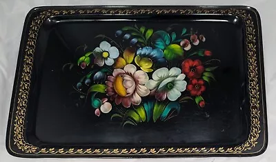 Vintage Russian Toleware Metal Tray Hand Painted Floral On Black Large 21  X 14  • $19.99