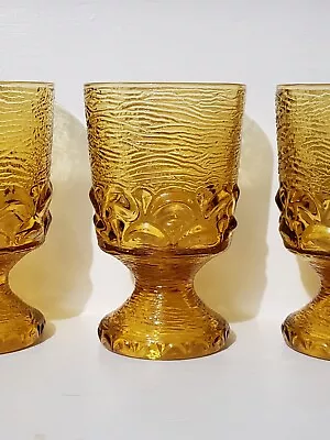 $60 • Buy (6) Vintage Brockway Glass Monterey Amber (Yellow) Rippled Water Goblets