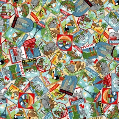100% Cotton Fabric Makower Around The World Labels Badges Adventure Explore • £5.40