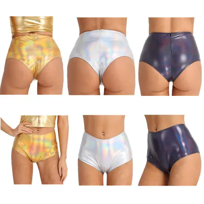 UK Women Sexy High Waist Back Zipper Short Wet Look Hot Pants Dancewear Swimwear • £6.50