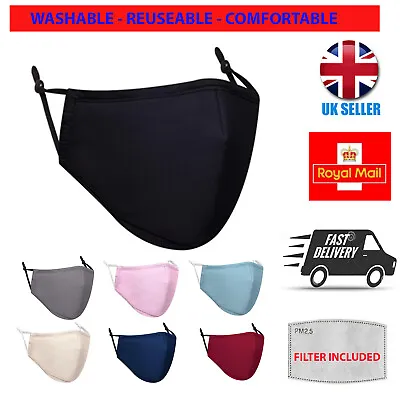 Cotton Face Mask Washable Reusable Breathable With PM2.5 Filter &  Filter Pocket • £0.99