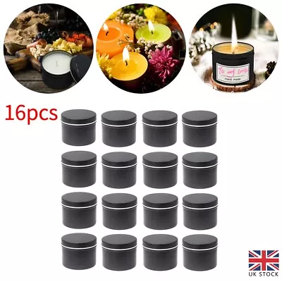 16x Round Candle Tins Black Metal Tins For Wax Soy Making Container Jars Gift UK • £10.98