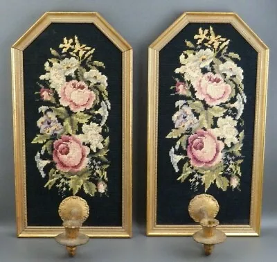 Pr Vintage Gold Framed Roses Wool Petit Needlepoint Candle Holder Wall Sconces • $97.50