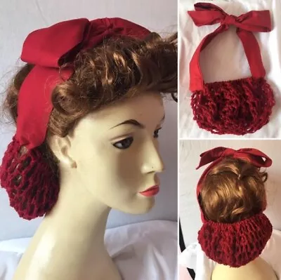 £16 • Buy VINTAGE STYLE 1940's HAND CROCHET Hair Snood With Tie White Red Black