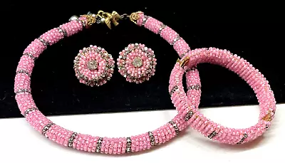 Miriam Haskell Signed Set Rare Vintage Gilt Pink Glass R/S 3 Pc Parure A58 • $998