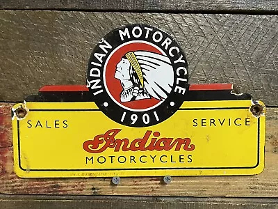 Vintage Indian Motorcycle Porcelain Sign Dealer Sales Gas Oil Service Wings 10” • $155