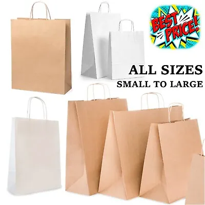 £11.39 • Buy Brown White Paper Bags With Handles Kraft Small Large 50 100 Carrier Gifts Party