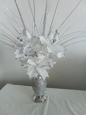 £25 • Buy *NEW* Silver Bling Mosaic Mirror Decorated 26cm Vase With White Flowers
