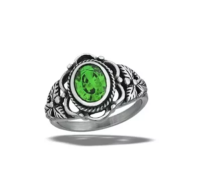 Stainless Steel Emerald CZ Ring With Braid And Leaf Design • $14.49