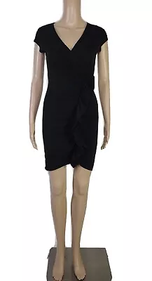 THEORY Black Cap Sleeve V Neck Ruffled Stretch Cotton Sheath Mini Dress Sz XS • $16