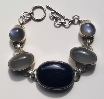 Silver 925 Bracelet Onyx Moonstones Cabochons  Bezel Setting Vintage 7.5” • $55