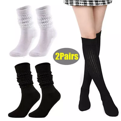 2 Pairs Women Slouch Socks Cotton Scrunch Knee High Extra Long Heavy Socks New • £6.99