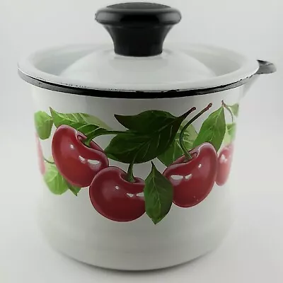 Ukrainian White Enamel 5 Inch Pot Ladle Spout Red Cherries Lid Long Handle READ • $22.99