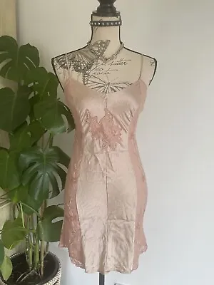 Vintage Beige Satin Beaded Floral Embroidered Mini Bias Slip Dress Fairy Goth • $100