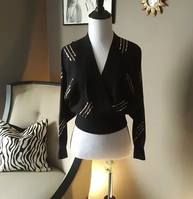 Vintage Sweater 80s St. John Santana Knit Black Beaded Evening Saks Fifth Avenue • $85