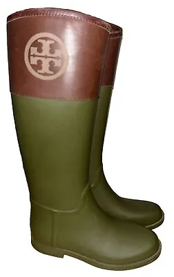 Tory Burch Diana Rain ☔️ Boots Fatigue Green Rubber Brown Leather Size 8-VGUC! • $99