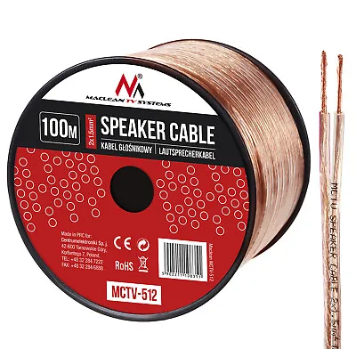 100m Speaker Audio Cable Copper Alloy Twisted Twin Pair CCA OFC PVC 2x 1.5mm2 UK • £39.49