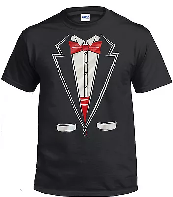 NEW TUXEDO GILDAN COTTON T SHIRT Fancy Dress Joke Novelty Tee Suit With Bow Tie • £9.99