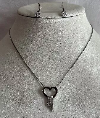 Park Lane Heart Necklace Silvertone Pave Crystal Bars Unique 16-18” & Cz Earring • $34.99