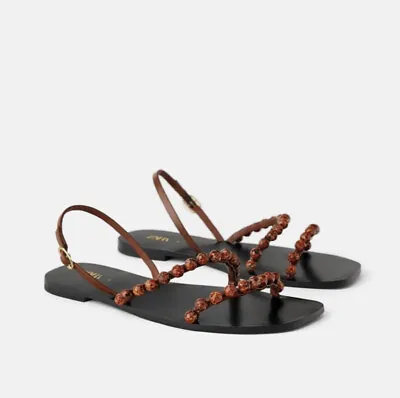 $49 • Buy NWT • Zara • Flat Leather Beaded Sandals Size 36 (6)