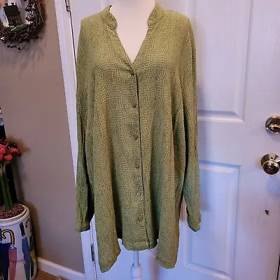 Maggie Barnes Top Blouse Green Print Size 3X 26 28 Tab Sleeves Button Front Down • $16