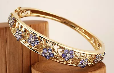 Stunning 9ct Yellow Gold 20.5g Tanzanite & Diamond Floral Bangle • £719.99