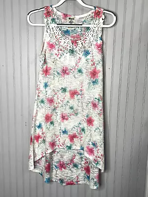 VOCAL Womens TANK DRESS S Pink Blue White Knit Sparkles Crocheted Lace Hi Lo • $10.49