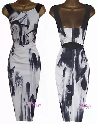 Karen Millen ✩ Stunning Ivory Grey Black Abstract Pencil Cocktail Dress ✩ Uk 14 • £79.99