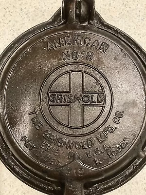 GRISWOLD AMERICAN No. 8 WAFFLE IRON Cast Iron W/ Base 1908 Antique Seasoned • $275