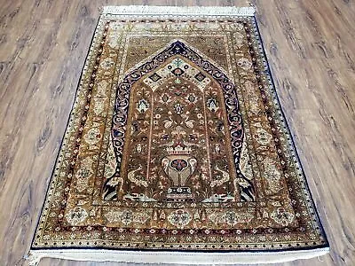 Semi Antique Silk Prayer Rug 3.6 X 5 Handmade Brown & Gold Birds Small Fine Rug • $2498.30