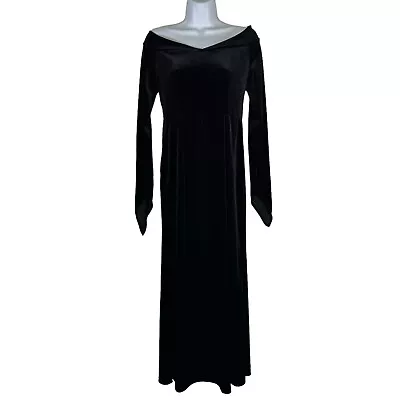 Black Velvet Long Sleeve Off Shoulder Maxi Dress Morticia Addams Gothic Witchy M • $68