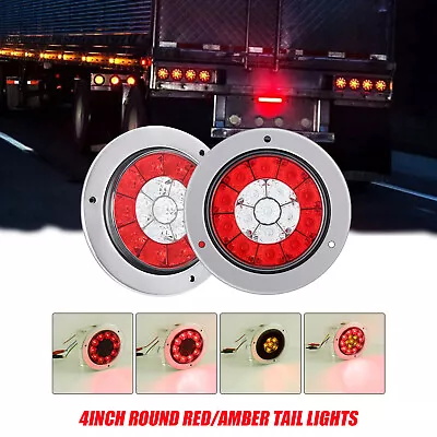 Pair 4  Round Red/Amber 16 LED Truck Trailer Brake Stop Turn Signal Tail Lights • $17.99