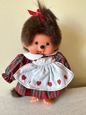 Vintage Monchhichi Doll Girl Red Plaid Dress Hearts Freckles • $30