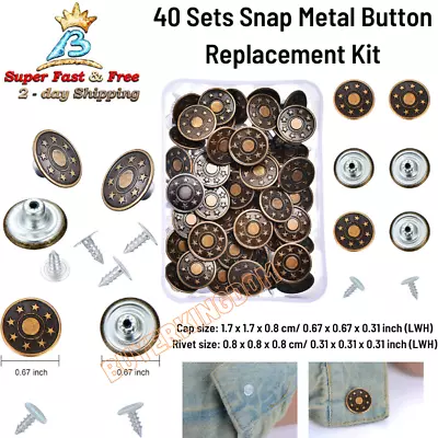 Snap Buttons Replacement Kit With Rivets For Jeans Metal Button 40 Pcs 2 Styles  • $15.75