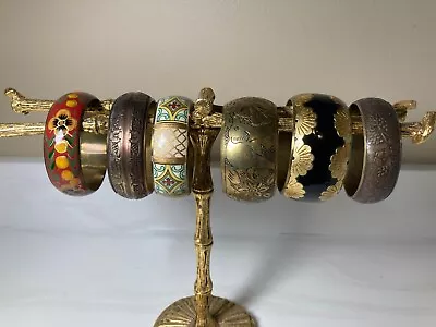 Lot Of 6 Vintage Brass Engraved & Enamel Bangle Bracelets Black Red BOHO • $21