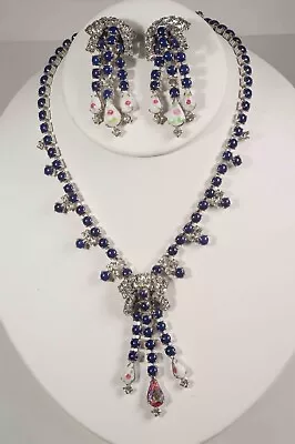 $55 • Buy Vintage Necklace & Dangle Earring Navy Cabochon & Pink Rhinestones Jewelry Glam