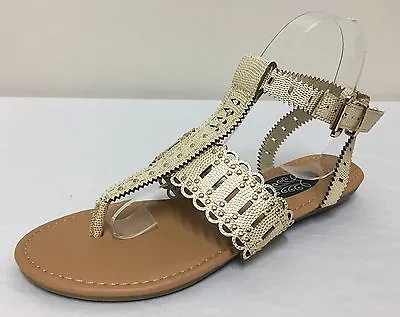 New Look Gold/Cream Womens Studed T-Bar Flat Sandals Size 4/37 • £2.95