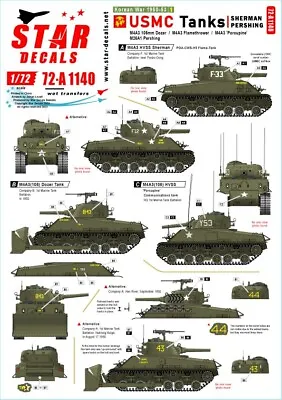 Star Decals 72-A1140 Korean War 1950-53 #1.USMC Tanks.Sherman And Pershin 1/72 • £8.89