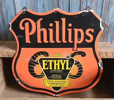 Vintage Phillips 66 Ethyl Gas Oil Service Station Porcelain Metal Shield Sign • $9.95