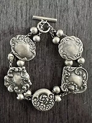 T Foree Sterling Silver Repousse Art Nouveau Charm Slide Monogram Bracelet 7.5” • $160